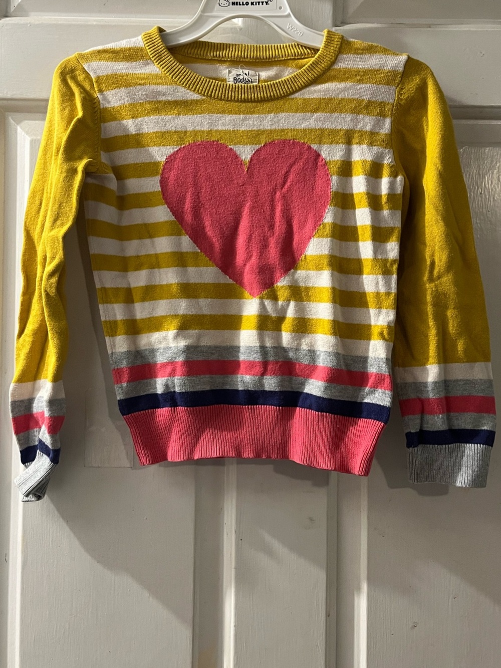 Mini Boden Yellow and White Striped Sweater with Pink Heart